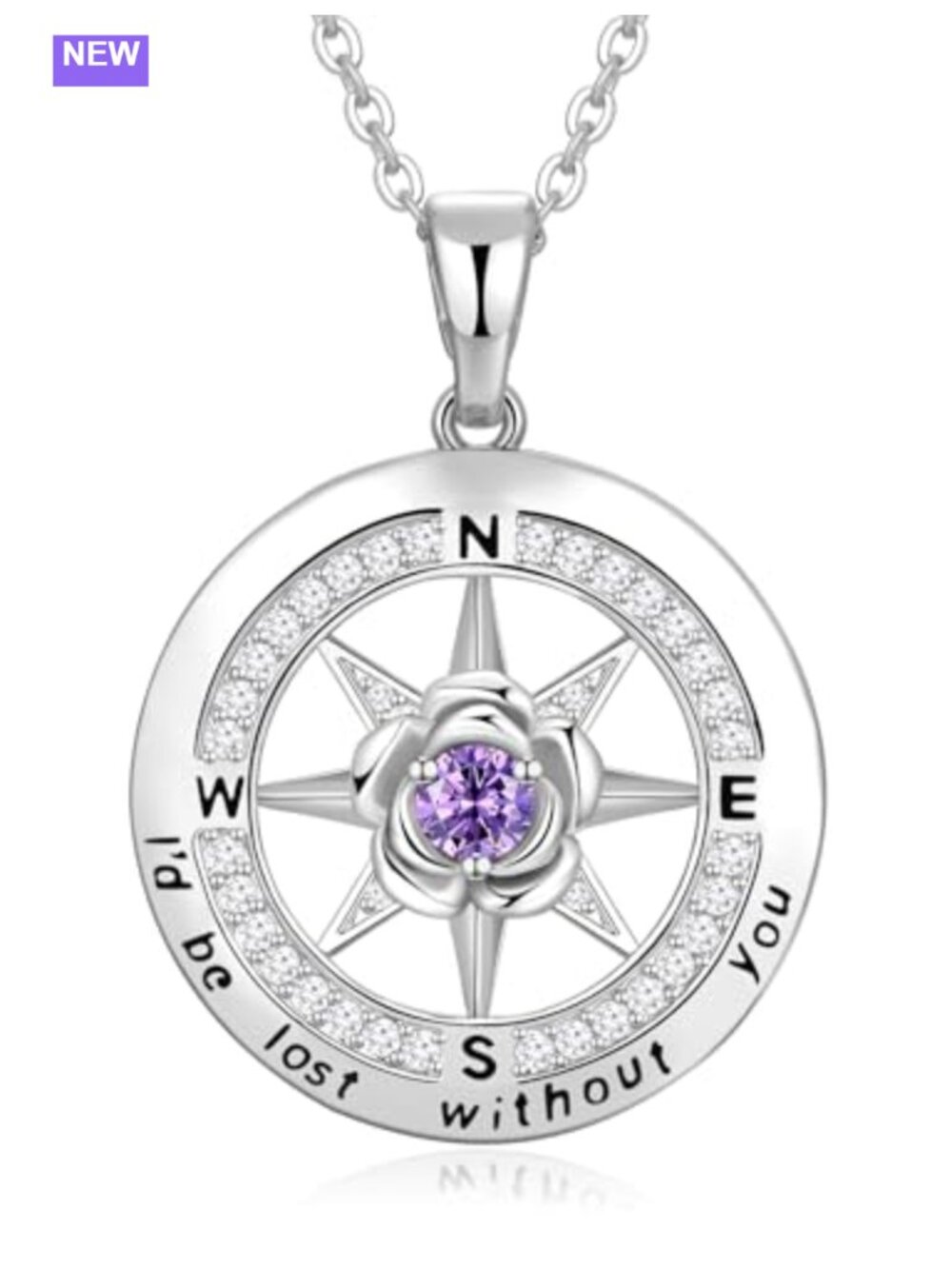 Compass Necklace 925 Sterling Silver 18K White Gold Plated Birthstone Pendant